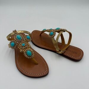 Mystique Embellished Beaded Turquoise Gem Gold Leather Thong Sandals BOHO 6